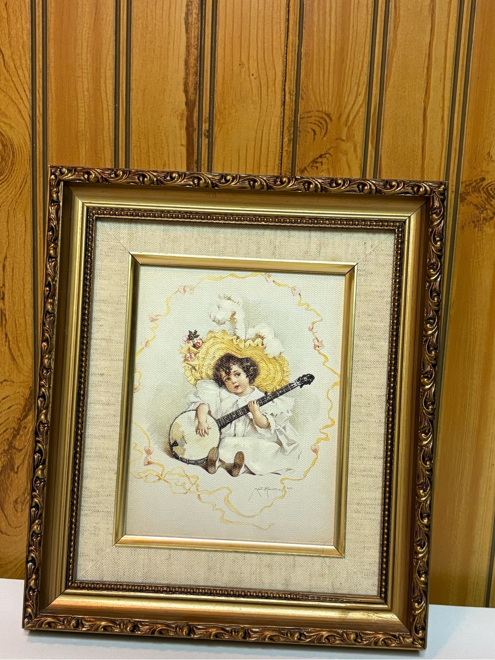 Vintage Gold Ornate Framed Art - Child with Banjo